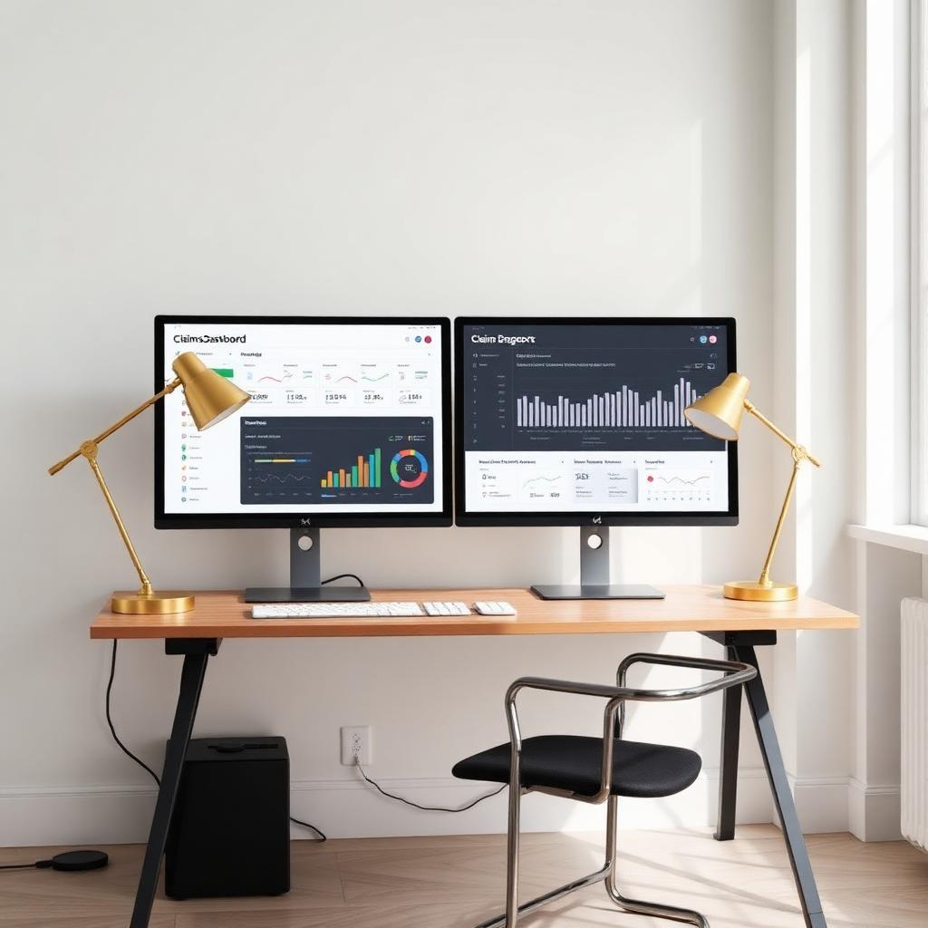 Claims dashboard on dual monitors in a modern office