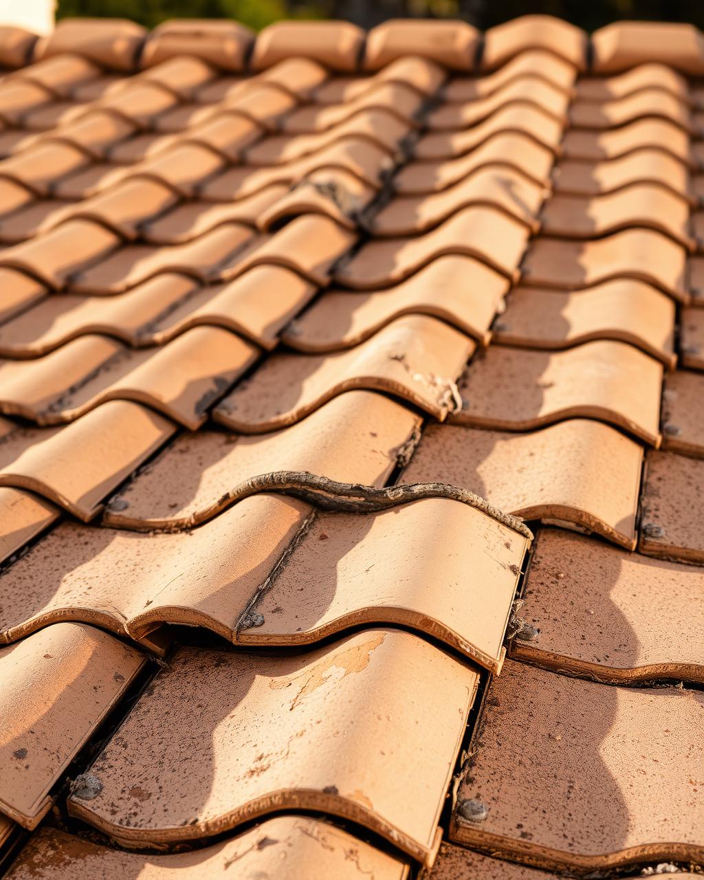 Close-up of weathered residential roof tiles