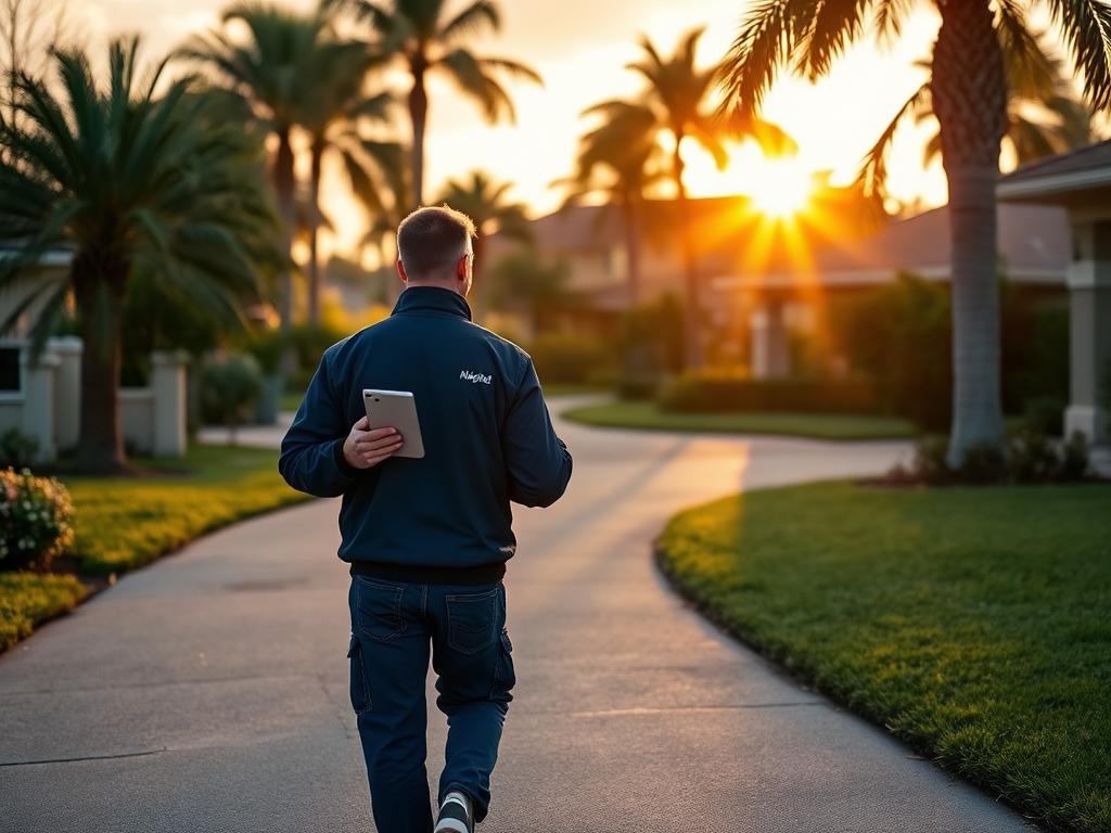Field adjuster walking up a residential driveway at golden hour