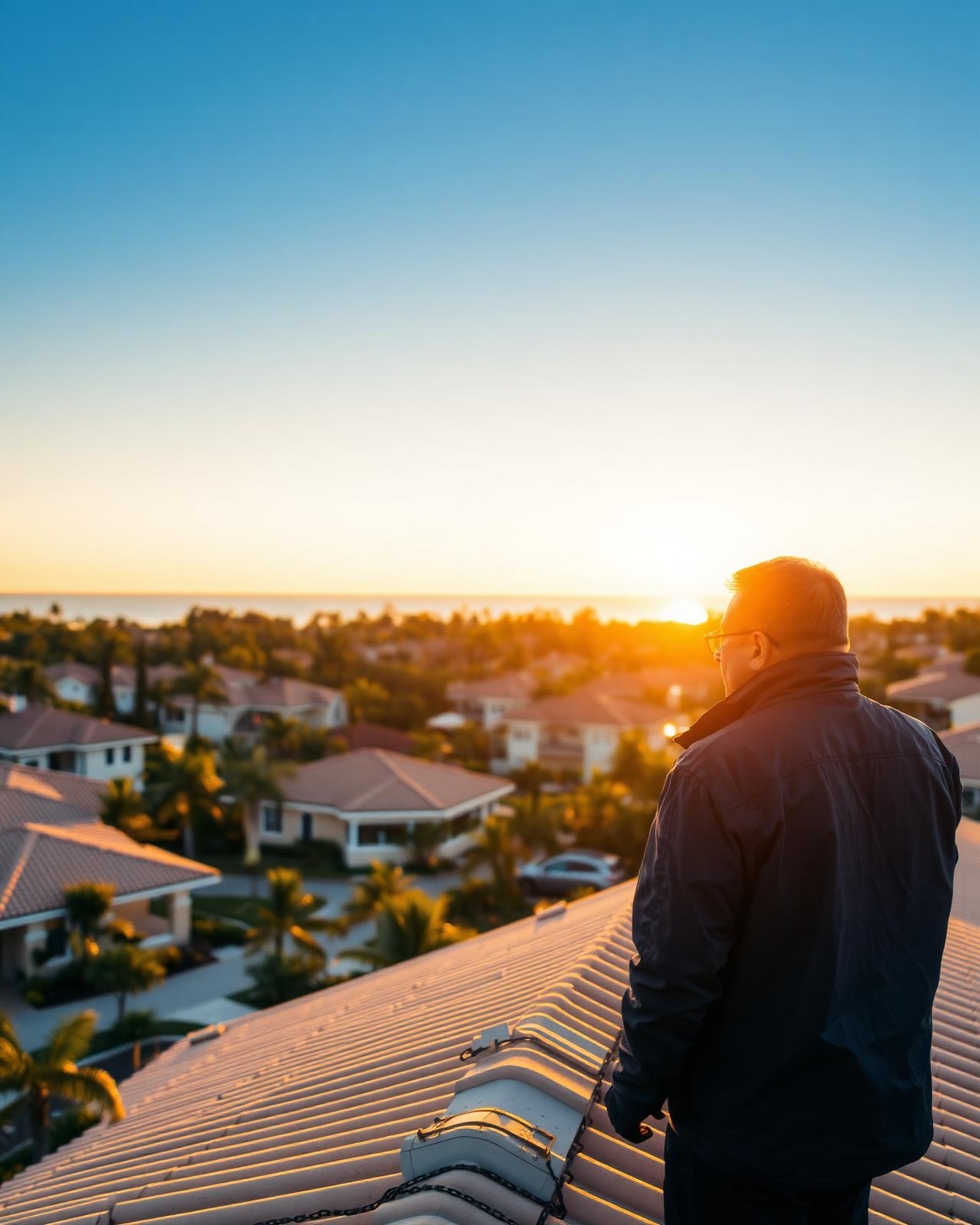 Field adjuster surveying a Florida coastal rooftop at golden hour